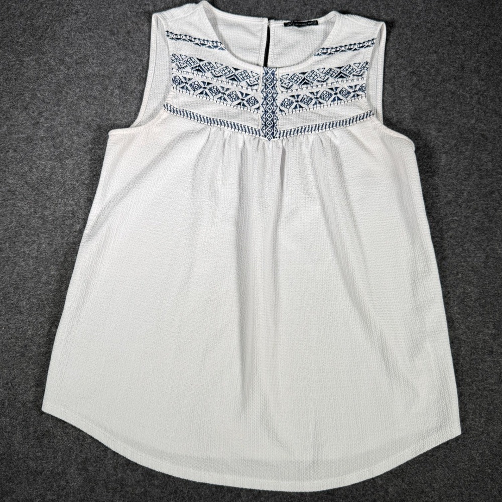 Adrianna‎ Papell Womens Small White Blue Embroidered Sleeveless Blouse Top 1687